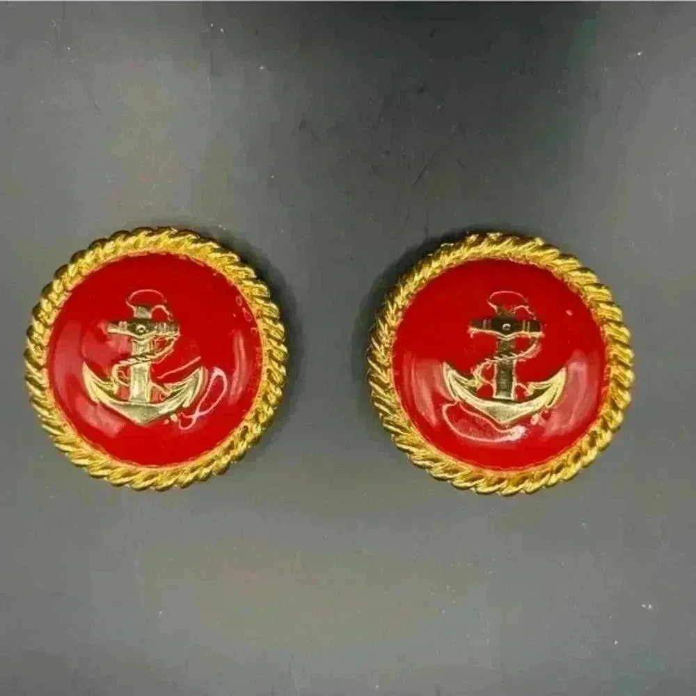 VGT 80's Nautical Anchor Red Enamel Earrings Clip-On Gold-tone Back